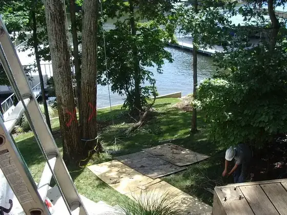 Protective mats laid across a lakefront yard while the Colt Tree Service crew works