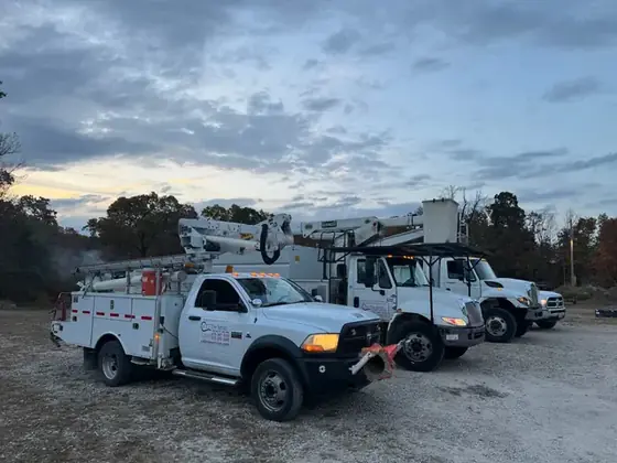 Two Colt Tree Service bucket trucks parked in the yard at dusk