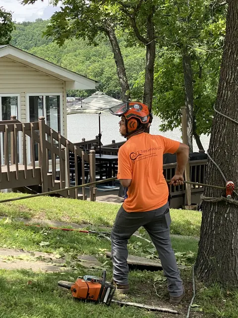 A Colt Tree Service crew member in a branded orange shirt hauling a rigging line beside a Lake of the Ozarks deck